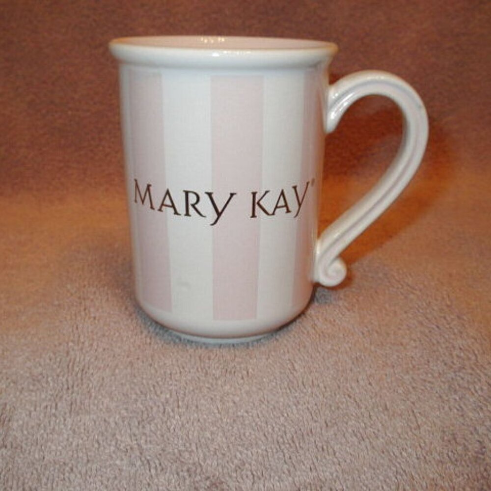 Vtg Mary Kay Coffee Mug Tea Cup Pink Stripe Fancy Handle Gold Logo Elegant